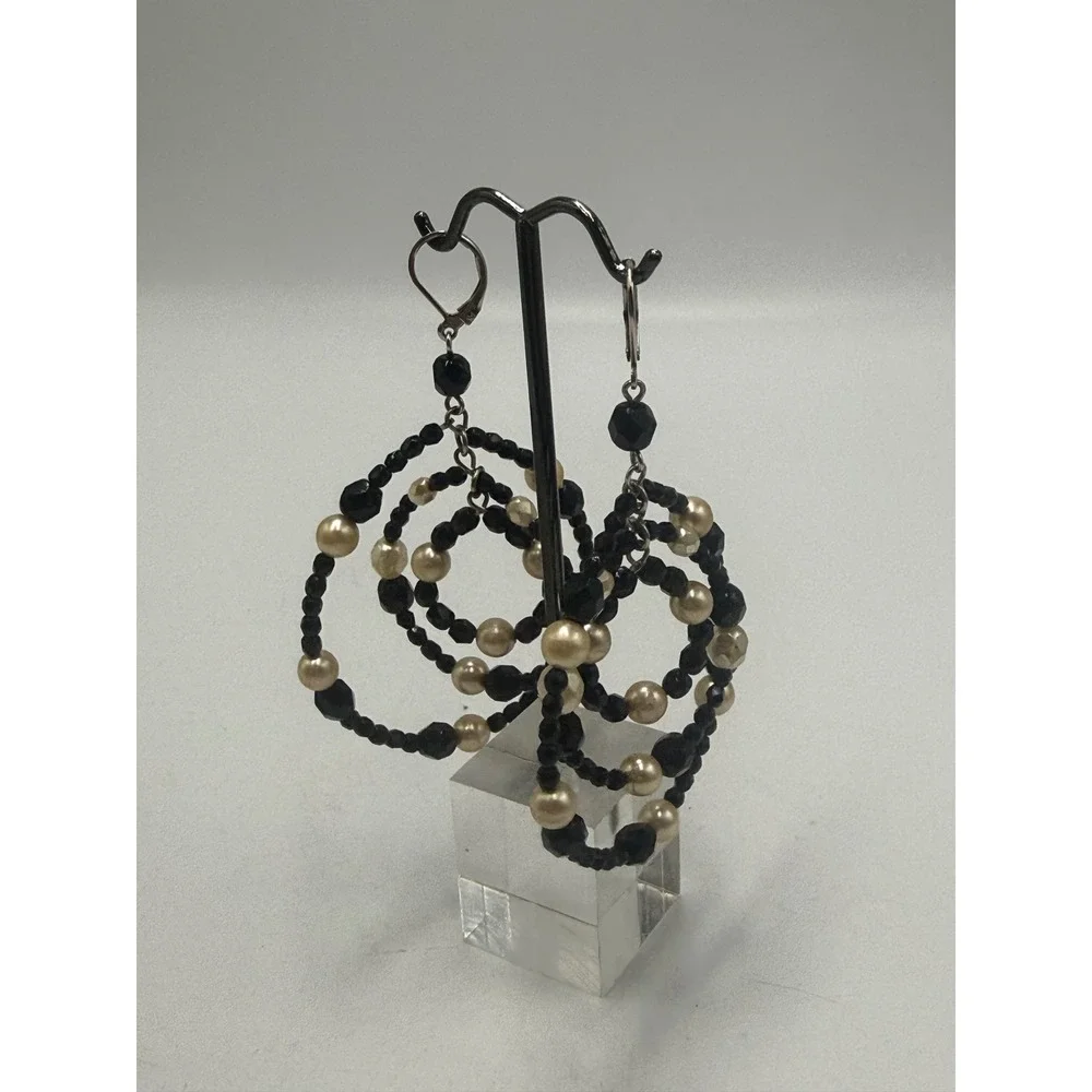 Black and Cream Faux Pearl Multi Strand Tiered Hoop Chandelier Earrings